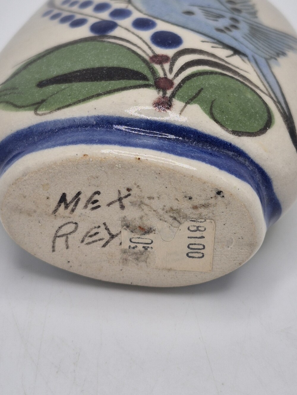 Mexico Artisans REY SIGNED Hand-Painted Blue Bird & Flower Ceramic Mini Vases 2 - Picture 2 of 9